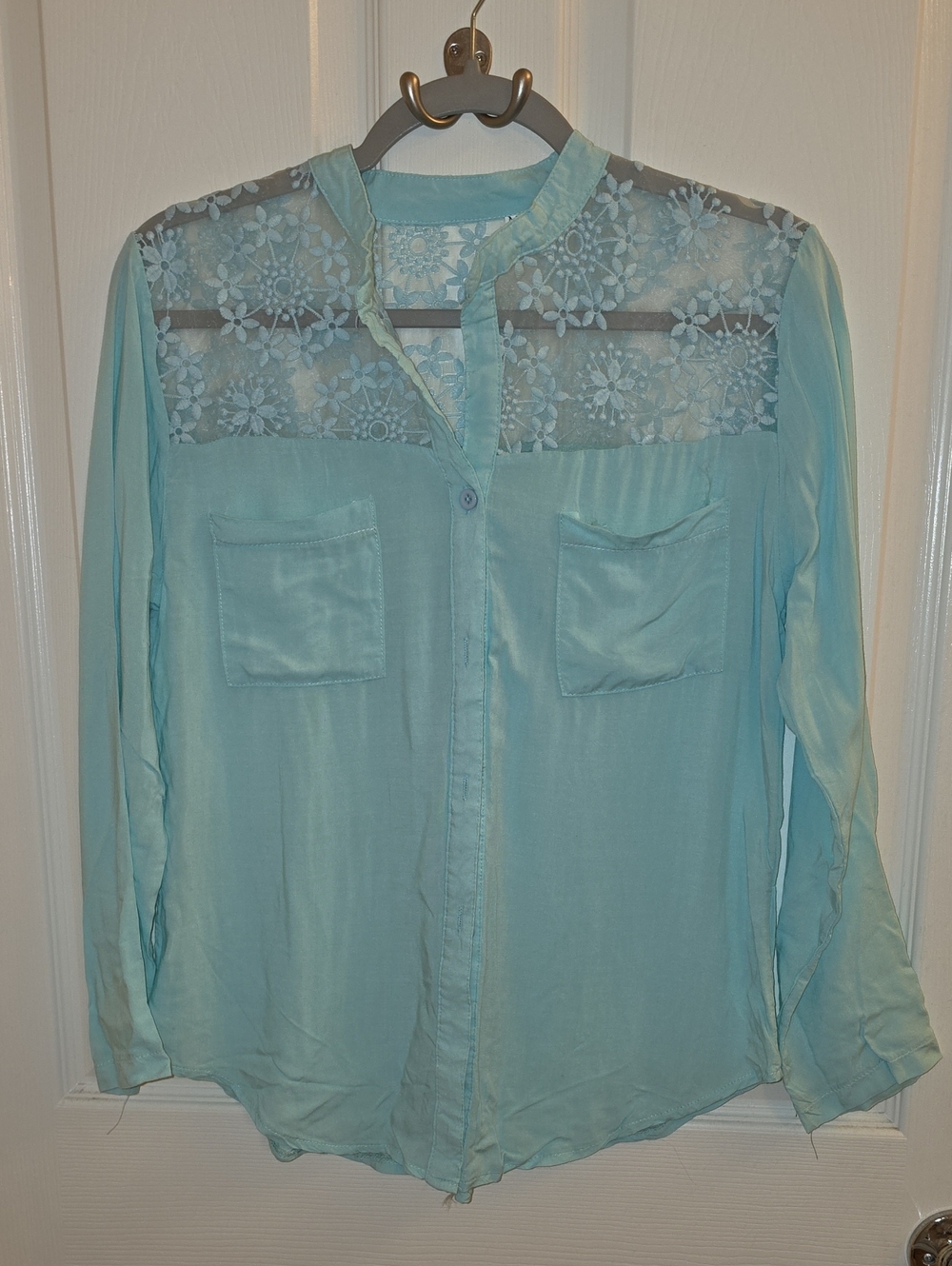 Teal Blue Lace Yoke Button Front Blouse Long Sleeve Boho Medium